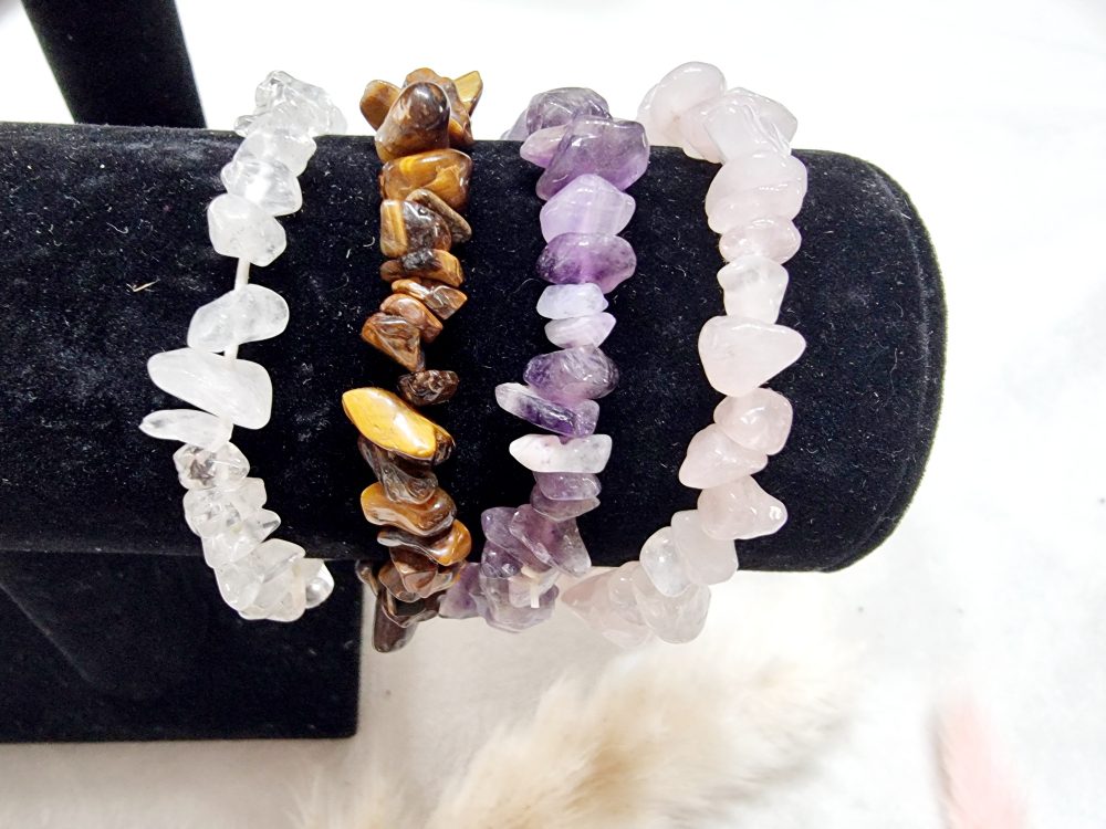 Bracelets en pierres naturelles – quartz rose, œil de tigre et améthyste