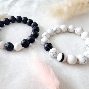 Bracelet couple en pierres naturelles, howlite et pierre de lave
